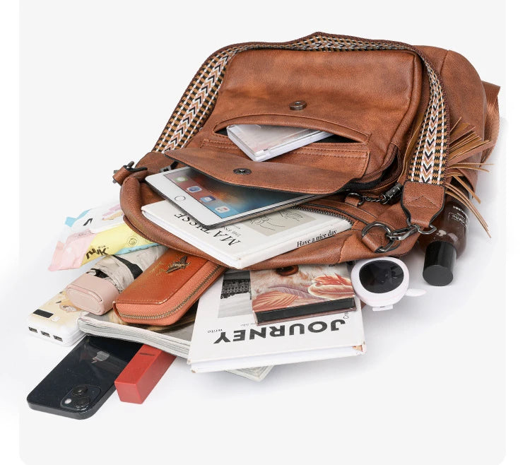 Backpack for Women Large Womens Backpack Leather Purse Designer Ladies Shoulder Bags with Tassel Two-toned Brown