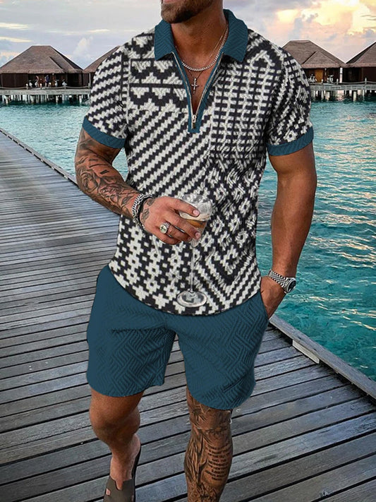 3D Print Men's Tracksuit Set Casual Zipper Collar Polo Shirt And Shorts 2pcs Sets Men Clothing Pullover