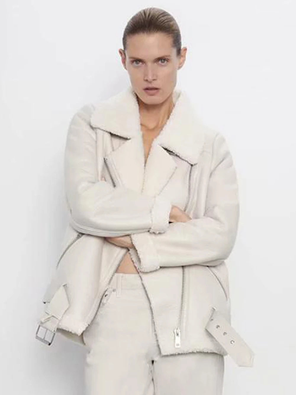 Thick and warm faux leather jacket Coat women's beige long-sleeved belt jacket women 2025 winter fashion new streetwear Tops