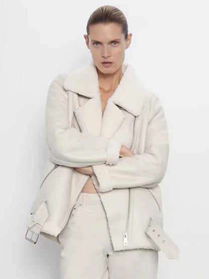 Thick and warm faux leather jacket Coat women's beige long-sleeved belt jacket women 2025 winter fashion new streetwear Tops