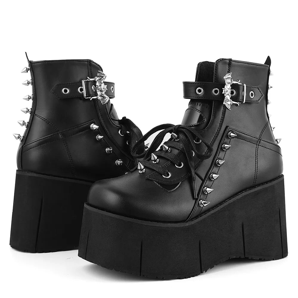 GIGIFOX Goth Punk Stylish High Platform Ankle Boots For Woman High Wedges Heel Side Zipper Round Toe Metal Rivet Punk Girl Boots