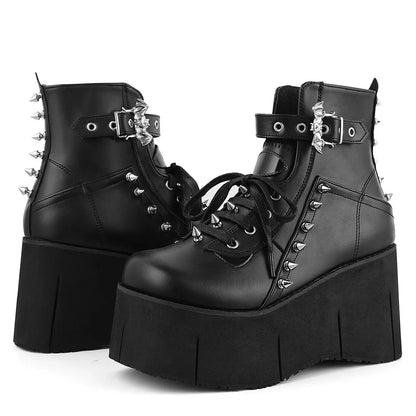 GIGIFOX Goth Punk Stylish High Platform Ankle Boots For Woman High Wedges Heel Side Zipper Round Toe Metal Rivet Punk Girl Boots