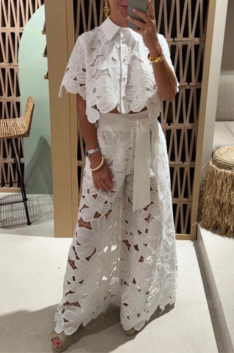 Lapel Single-breasted Shirt Top + Wide-leg Pants 2-piece Set Women Casual Hollow Suit