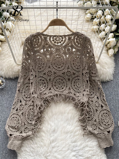 Casual Loose Knitting Top O Neck Hook Flower Hollow Long Sleeved Tassel Design Fashion French Vintage Blouse