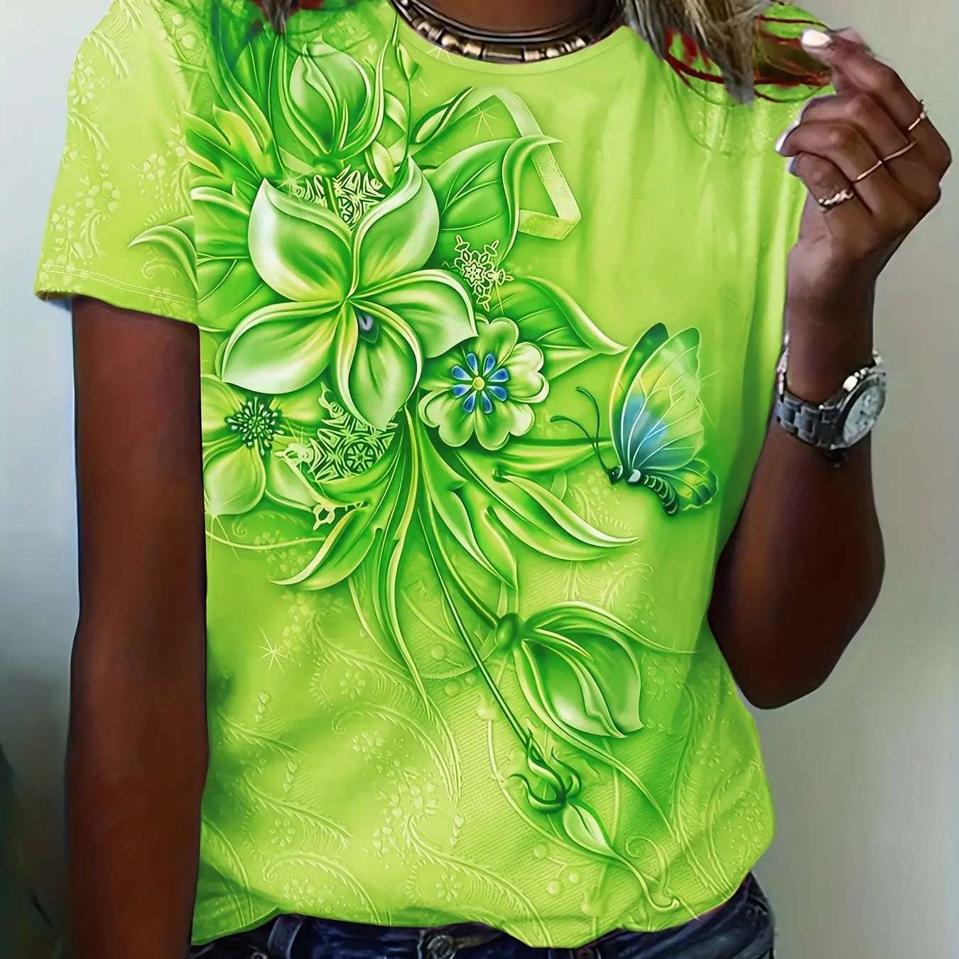 Flower Butterfly Printed Women's T-Shirt Summer NEW Oversize Short Sleeve Tee