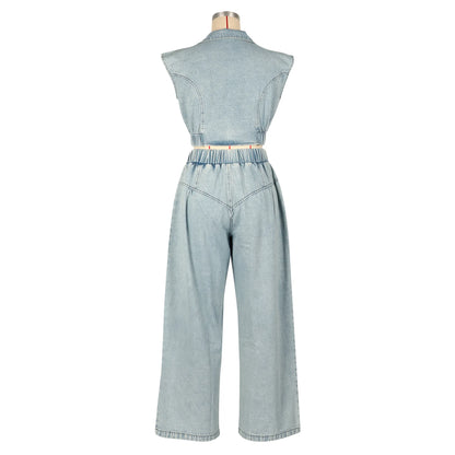 Comfortable Casual Solid Color Sleeveless Jeans Set Loose Long Straight Pants Two Pieces
