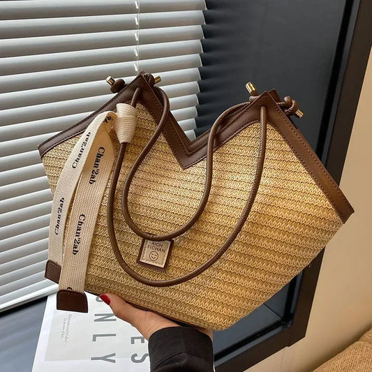 Straw Beach Bag Vintage Handmade Woven Shoulder Bag Raffia circle Rattan bag Bohemian