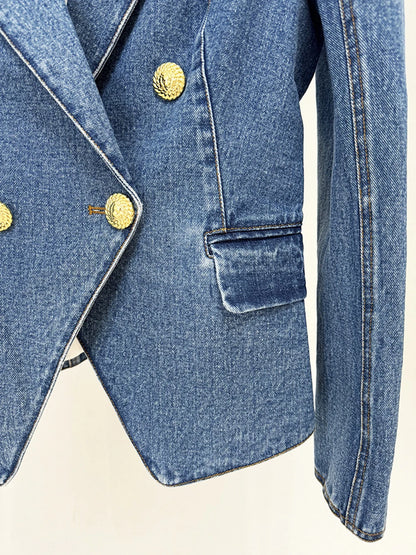 Women'S Double Breasted Slim Fit Denim Blazer Long Sleeve Jean Jacket High Waisted Pencil Mini Skirt Set