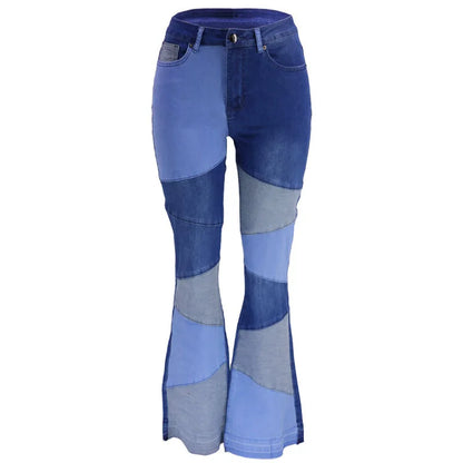 Women Flare Jeans Casual Pants Pannelled Collision High Waist Fit Female High Quality