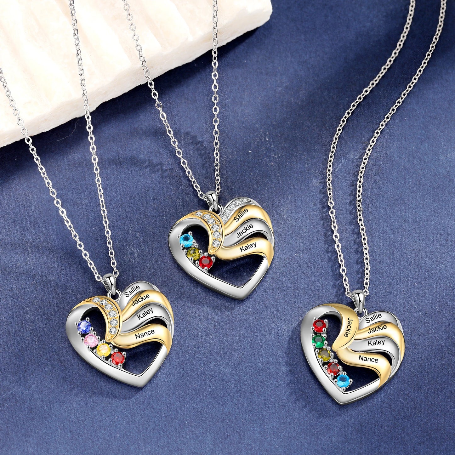 Personalized Love Heart Pendants Necklace 1-5 Kids Names Birthstone Mothers Day