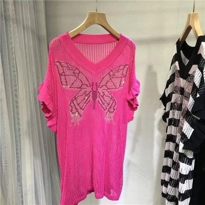 Diamond Oversized Tshirts for Women Knitted Thin Tees Hollow Out V-neck Butterfly Casual Y2k Tops Fashion Ruffles Korean T Shirt