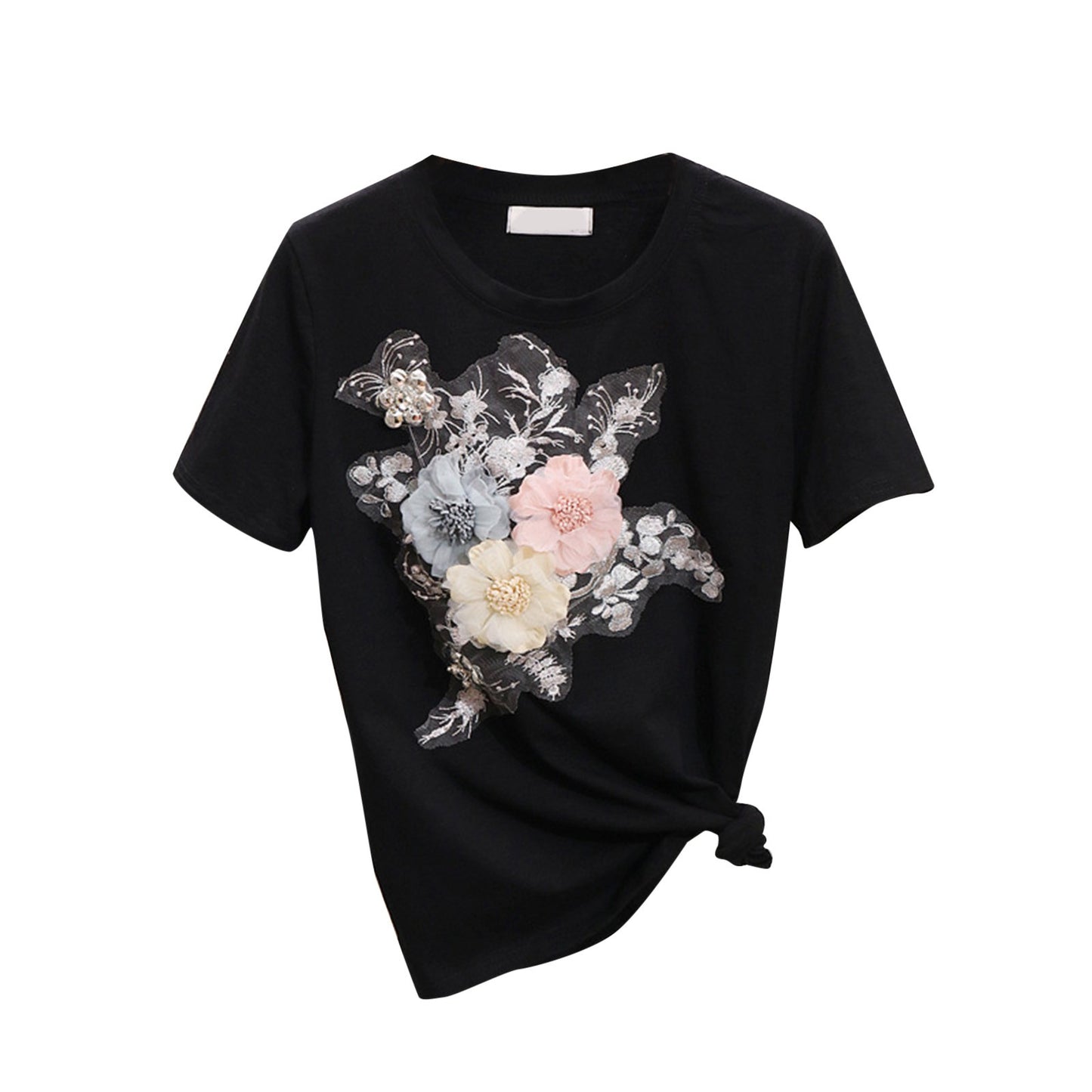 Women Two Piece Outfits 3D Flower Embroidery T Shirt Cropped Ripped Jeans