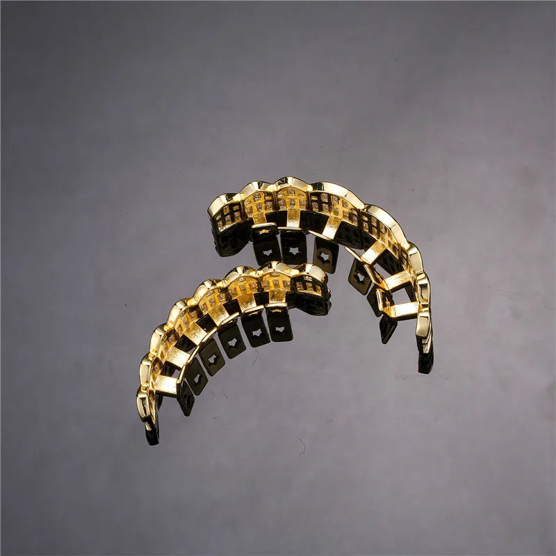 Baguette Teeth Grillz Set For Unisex Top Bottom Iced Out Cubic Zircon Stone Brass Material Hip Hop