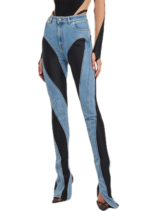 Color Block Women's Jeans Slim Panelled Patchwork High Waist Split Blue Long Denim Pants