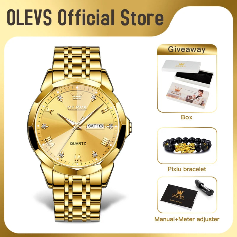 Gold Original Quartz Wristwatch Waterproof Luminous Watch for Male Rhombus Mirror Date Week