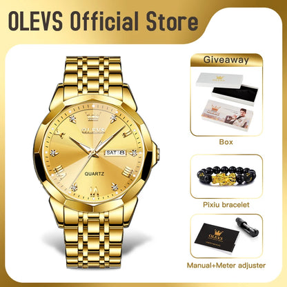 Gold Original Quartz Wristwatch Waterproof Luminous Watch for Male Rhombus Mirror Date Week