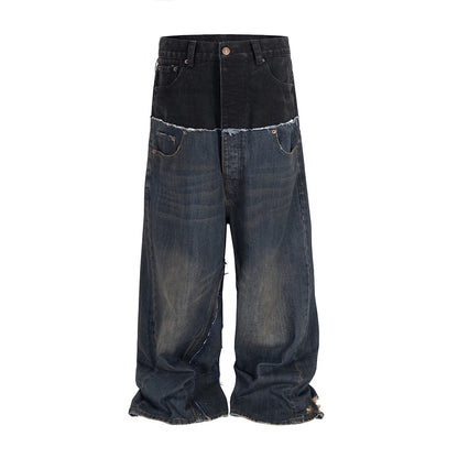 CUT-UP Double-layer Double Waist Patchwork Baggy Jeans for Men and Women Straight Casual Loose