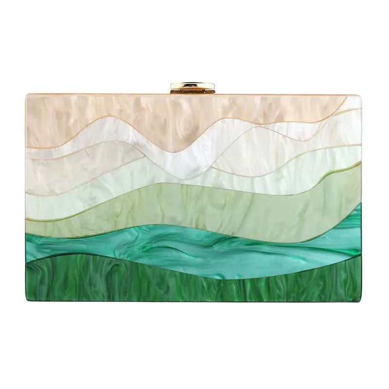 Womens Handbag Green Beige Striped Acrylic Luxury Casual Cute Box Clutch Purse