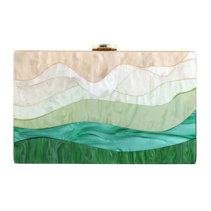 Womens Handbag Green Beige Striped Acrylic Luxury Casual Cute Box Clutch Purse