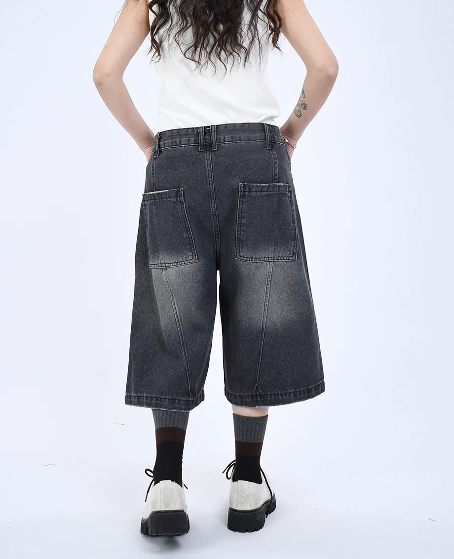 Women's Gothic Black Casual Cargo Denim Shorts Y2K Harajuku High Street American Fashion Retro Wide Leg Jeans Seven-Foot Clothes