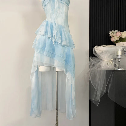 Women's Blue A-line Chiffon Dress Elegant Mini Dress Vintage Y2k Sleeveless Off Shoulder One Piece Frocks 2000s Clothes Summer