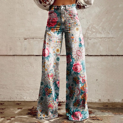 Womens Wide Leg Jeans High Waisted Casual Denim Floral Printed Trousers Women Jean Baggy