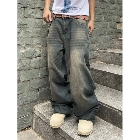 Men's Hip Hop Loose Jeans Y2K Retro Casual Wide Leg Jeans Flared Pants