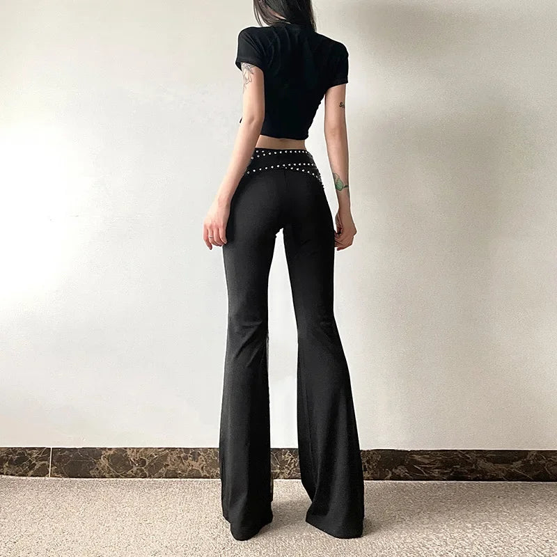 Punk Grunge Hoge Taille Flare Broek Effen Alt Streetwear Vrouwen Mall Gothic Casual Broek Met Kunstleer Riemen Slank