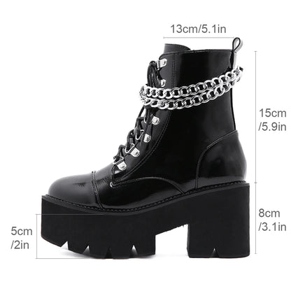 Gothic Black Boots for Women Chain Chunky Heel Platform Ankle Boots Zipper