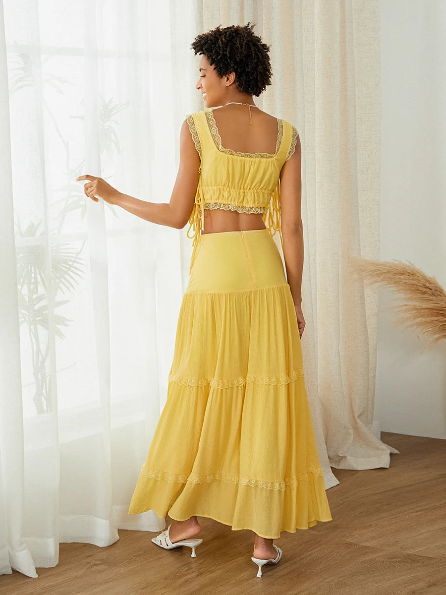 Summer 2Pcs Outfits Lace Trim Sleeveless U-Neck Tank Tops with Long Skirt Set Yellow / M / United States Yellow / S / United States WHITE / S / United States Yellow / M / United States-Yellow / S / United States-WHITE / S / United States-Yellow / L / United States-WHITE / L / United States-WHITE / M / United States-