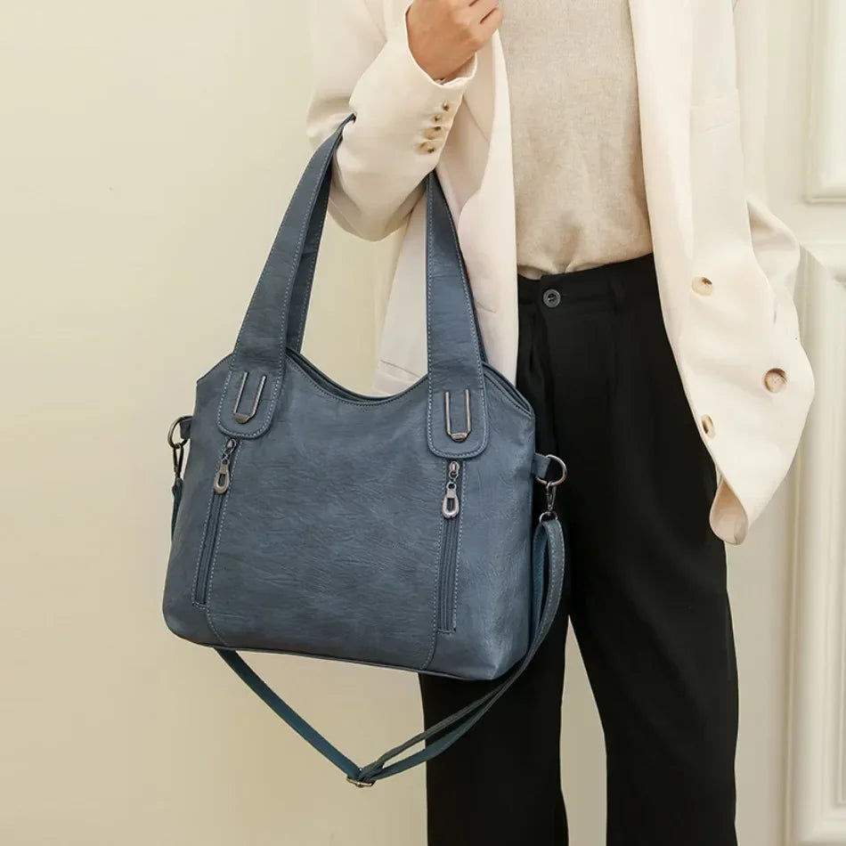 Solid Color Handbag Soft Leather Tote Bag Casual Big Shoulder Messenger Bags