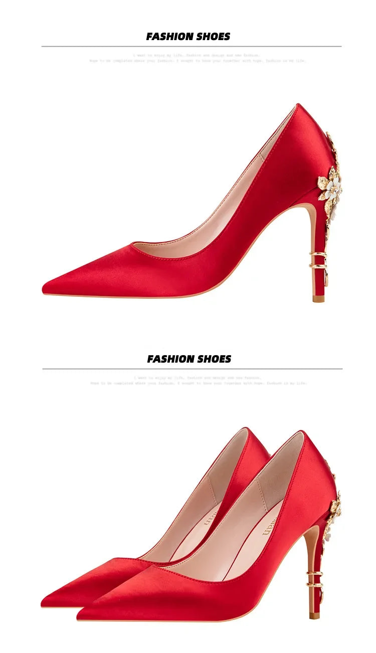 Women's Metal Flowers Stiletto High-heel Shoes Female  Light Luxury Wedding Shoes Pointed Toe