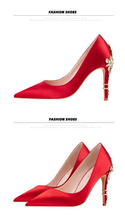 Women's Metal Flowers Stiletto High-heel Shoes Female  Light Luxury Wedding Shoes Pointed Toe