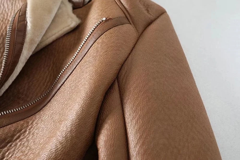 Thick and warm faux leather jacket Coat women's beige long-sleeved belt jacket women 2025 winter fashion new streetwear Tops