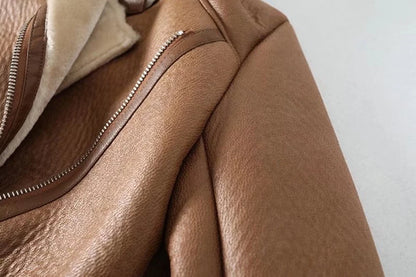 Thick and warm faux leather jacket Coat women's beige long-sleeved belt jacket women 2025 winter fashion new streetwear Tops