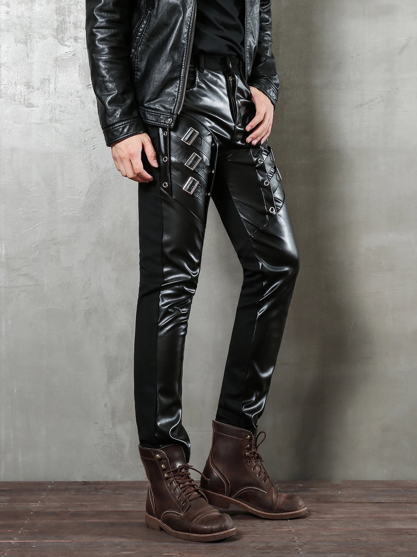 Men`s Motorcycle Hip Hop Slim Fit Soft PU Faux Leather Biker Pants