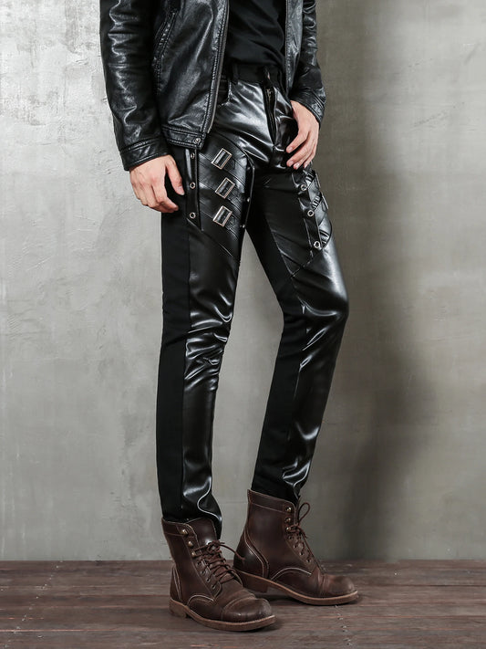 Men`s Motorcycle Hip Hop Slim Fit Soft PU Faux Leather Biker Pants