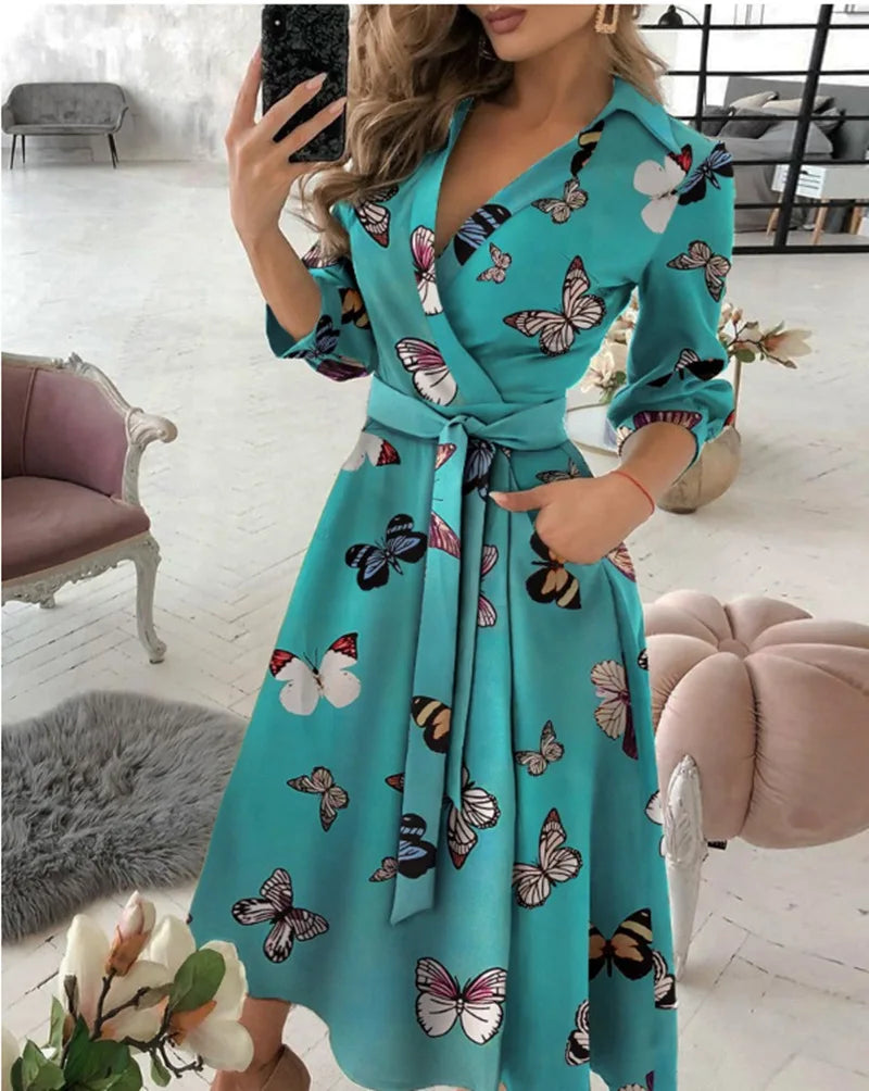 A-Line Wrap Summer Dress Long Sleeve V-Neck Dress Pocket Elegant Midi Party Dress