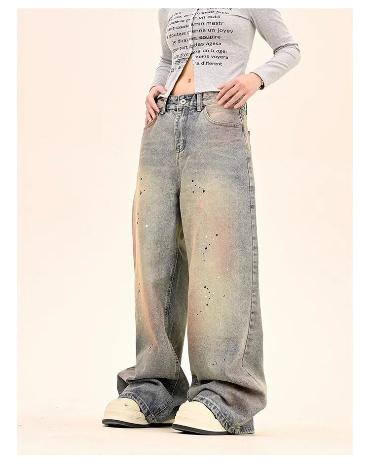 American Fashion Tie-Dye Graffiti Straight Leg Wide Jeans Straight Leg Loose Jeans Hip-hop Street Baggy Jeans
