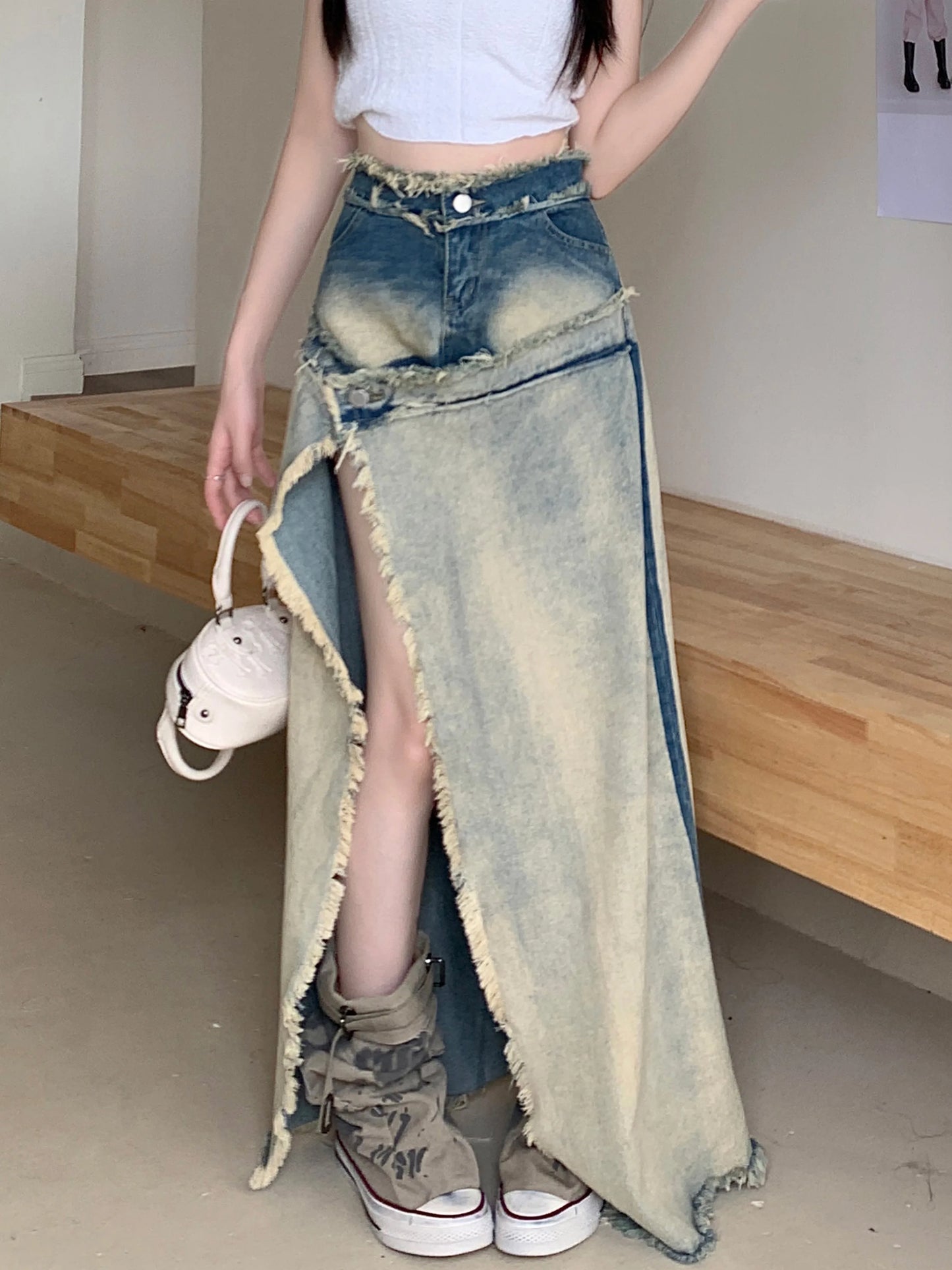 Women Patchwork A-line Skirt Vintage Y2k 90s Aesthetic Skirt with Slit Harajuku Korean Elegant Skirts 2000s Clothes 2024 Summer
