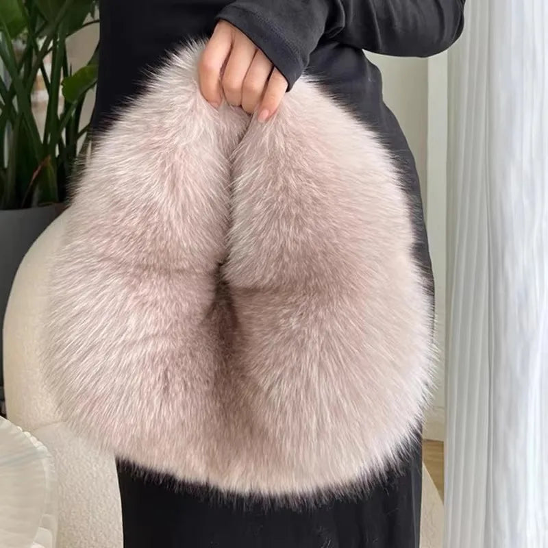 Soft Plush Half Moon Bags for Women Designer Fluffy Faux Fur Lady Handbags Luxury Small Tote