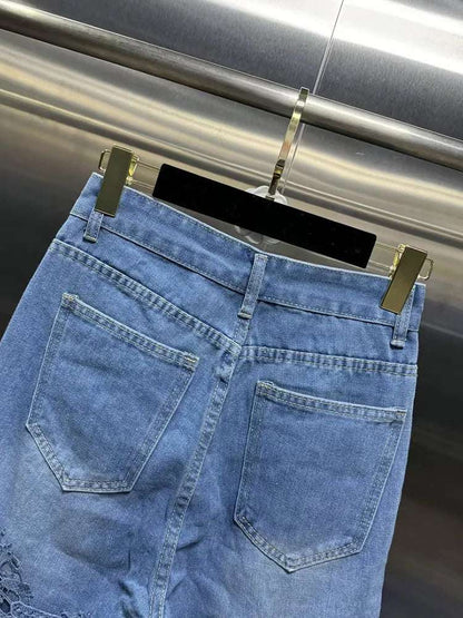 VGH Casual Hollow Out Spliced Lace Solid Jeans For Women High Waist Patchwork Pockets Minimalist Loose Wide Leg Pants Female New blue / XXXL blue / XXL blue / XL blue / XXXL-blue / XXL-blue / XL-blue / L-blue / M-blue / S-