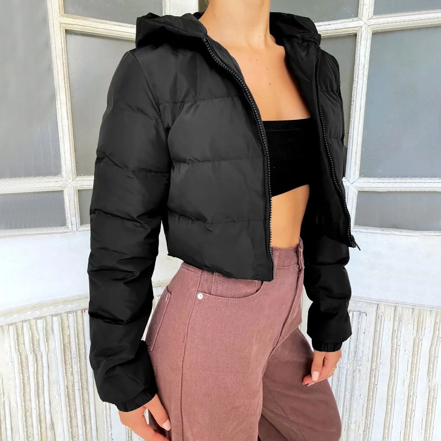 Winter Warm Hooded Jacket Women Fashion Cropped Coats Long Sleeve Outerwear Zipper Padded Coat