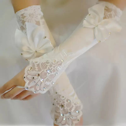 Ivory Satin Bridal Gloves Beads Lace Fingerless Long Ladies Glove Bow Wedding Accessories bride gloves