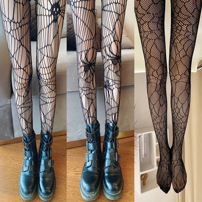 Goth Fishnet Pantyhose Spider Web Patterned Hollow Out Mesh Tights