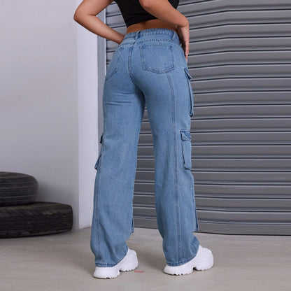 Straight Jean Women Length Large Size Wide Jeans Pants Waisted Calf Hole Stretch plus