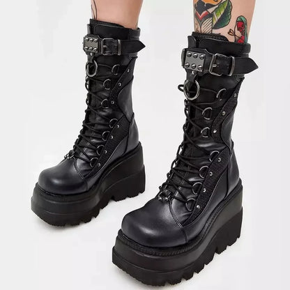Brand New Ladies Goth Platform Boots Rivet Buckle Punk Wedges High Heels women's Boots Cosplay