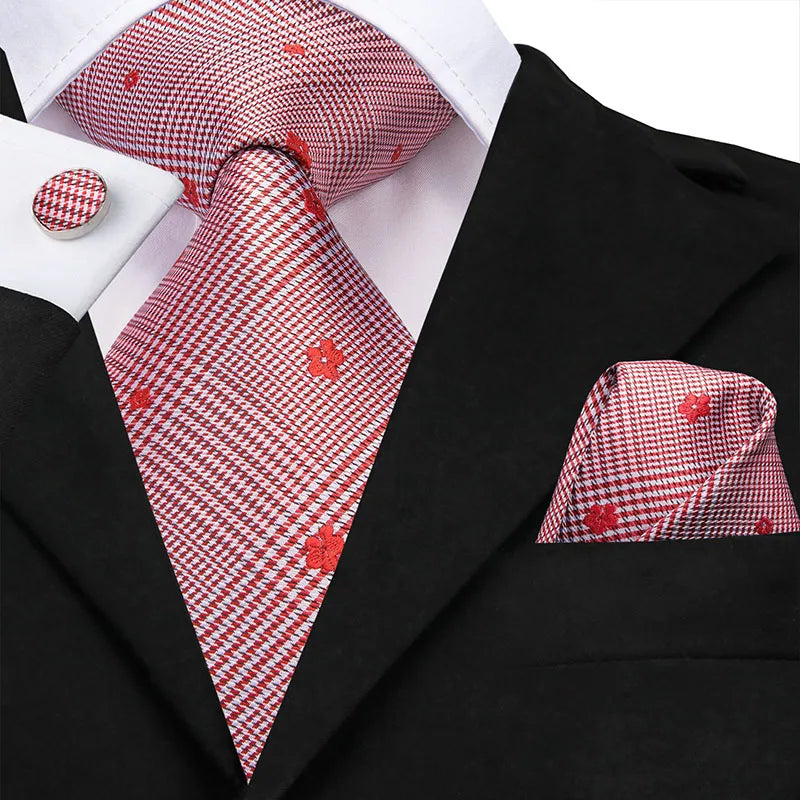 Coral 8.5cm Men's Ties Hanky Cufflinks Set Silk Tie For Men Pink Plaid Coral Luxury Wedding Party