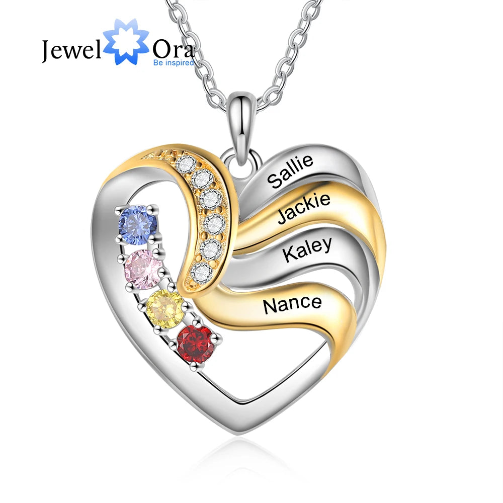 Personalized Love Heart Pendants Necklace 1-5 Kids Names Birthstone Mothers Day