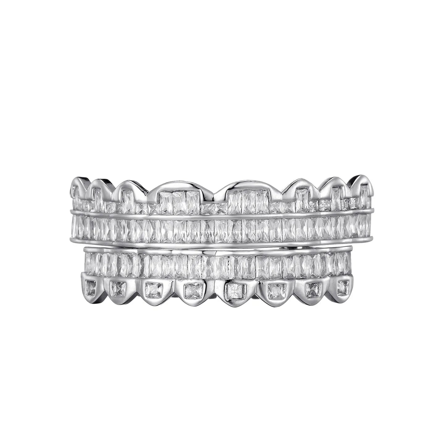 Baguette Teeth Grillz Set For Unisex Top Bottom Iced Out Cubic Zircon Stone Brass Material Hip Hop